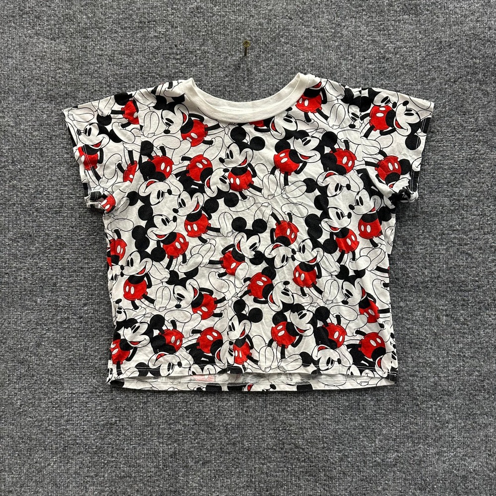 Disney T-Shirt Womens Large White Mickey Mouse All Over Print Cropped